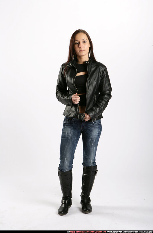 Woman in Leather Jacket — Black, Neutral, Photograph, Jeans, Boots