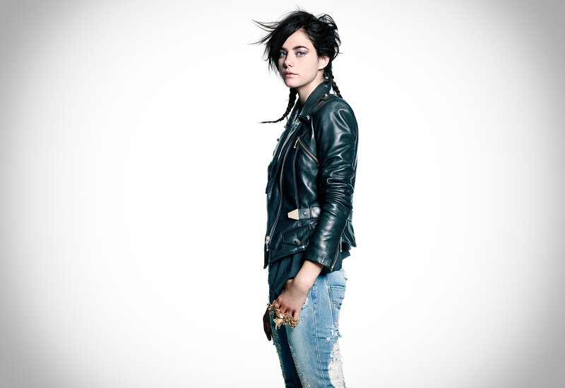 Woman in Leather Jacket — Black, Serious, Photograph, Leather Jacket, Jeans