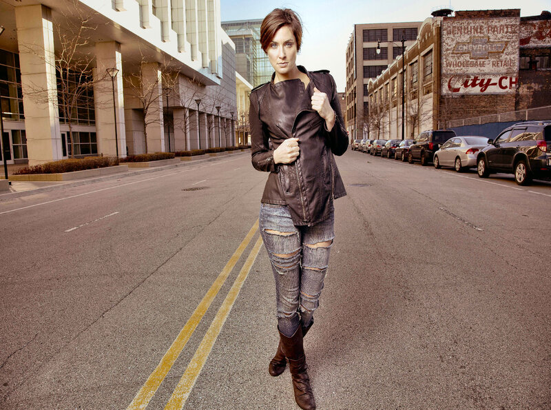 Woman in Leather Jacket — Brown, Confident, Afternoon