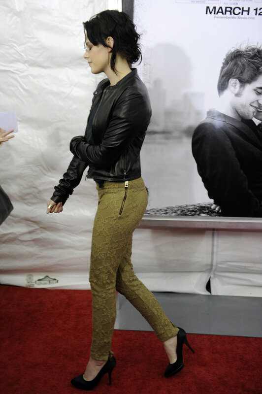 woman in leather jacket on red carpet