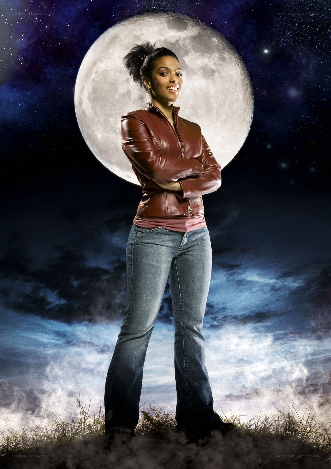 Woman in leather jacket under moon