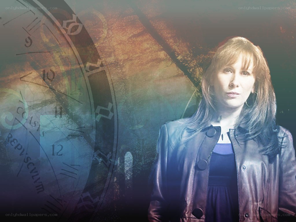 woman in leather jacket with clock