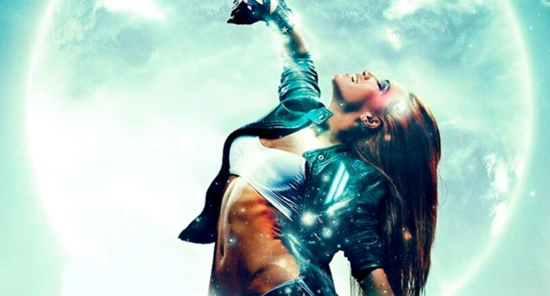 woman in leather jacket with moon