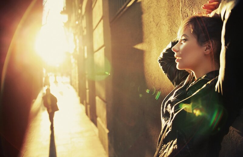 Woman in Leather Jacket — Yellow, Dramatic, Sunset