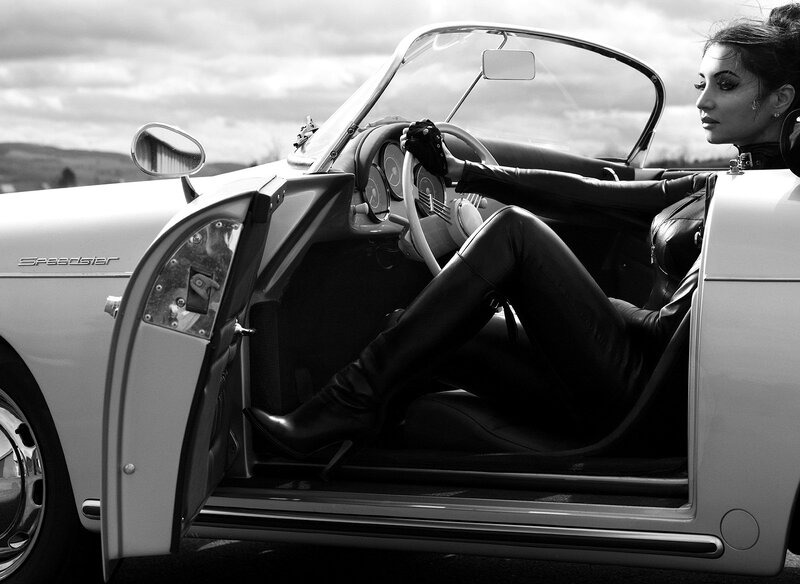 Woman in Leather Outfit — Black, Dramatic, Photograph, Car