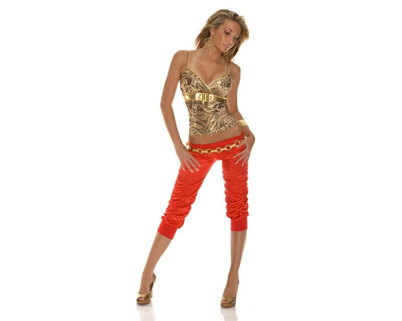woman in leopard and red outfit