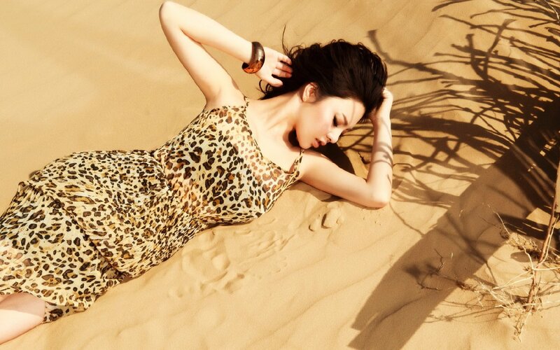 Woman in leopard dress on sand