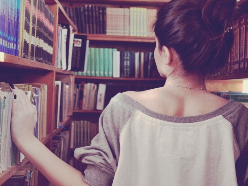 Woman in Library — Brown, Calm, Photograph