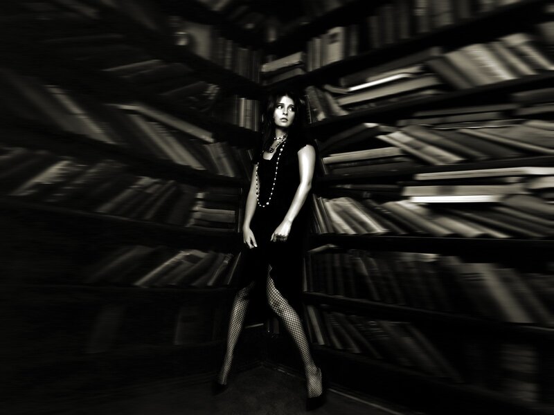 woman in library with motion blur