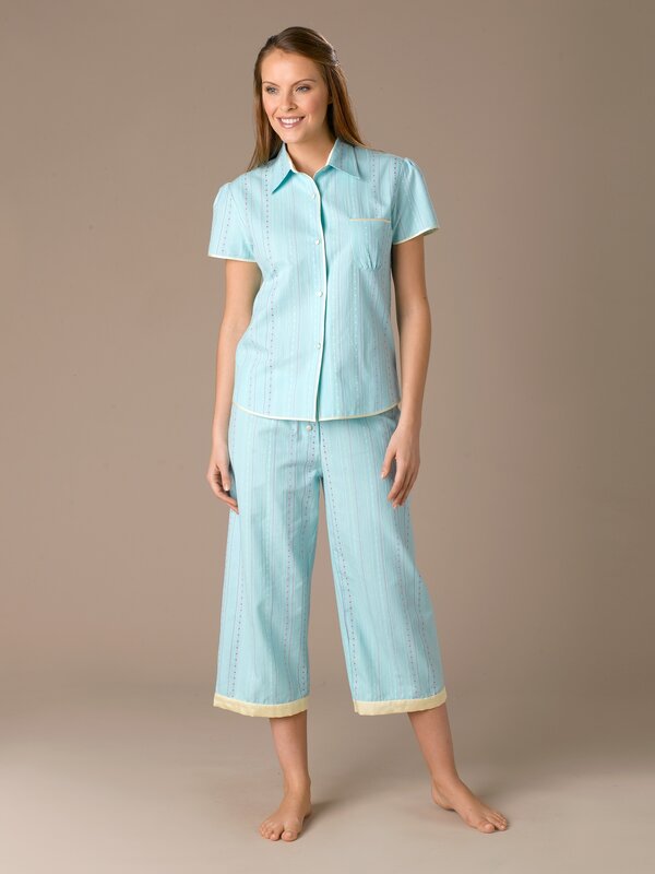 woman in light blue pajamas