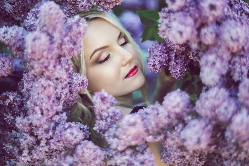 Woman in Lilac Flowers — Purple, Serene, Spring, Photograph, Blonde Hair