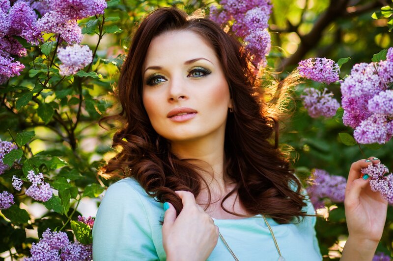 Woman in Lilac Flowers — Purple, Serene, Spring, Photograph
