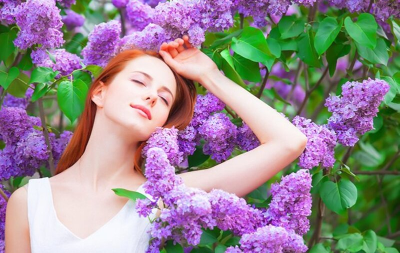 Woman in Lilac Flowers — Purple, Serene, Spring