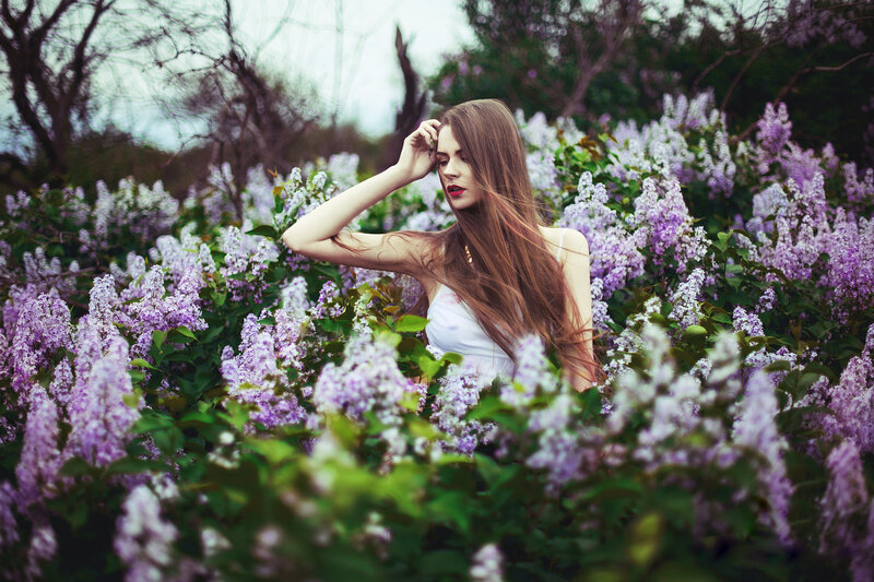 Woman in Lilac Flowers — Purple