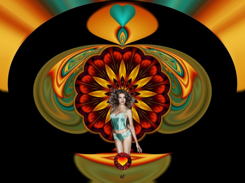 Woman in Lingerie — Black, Dramatic, Digital Art, Heart, Fractal Pattern