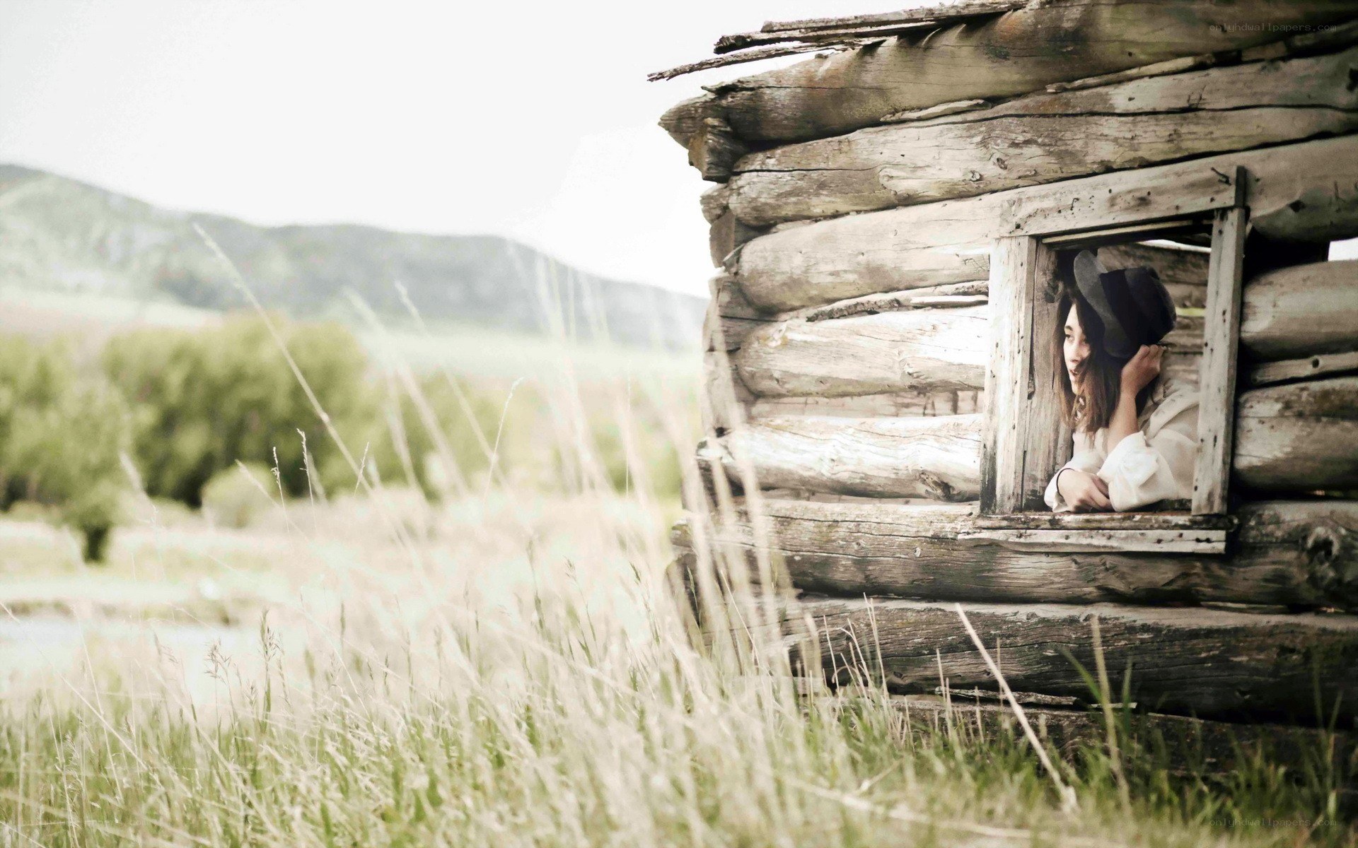 woman in log cabin window