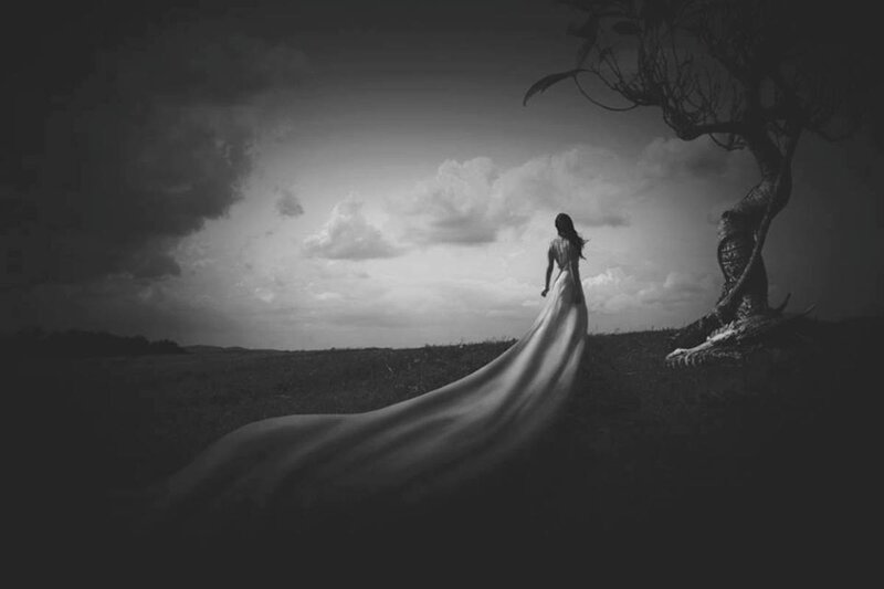 Woman in Long Dress — Black, Dramatic, Night, Photograph, Tree