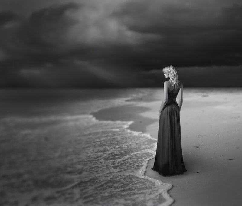 Woman in Long Dress — Black, Dramatic, Photograph, Beach