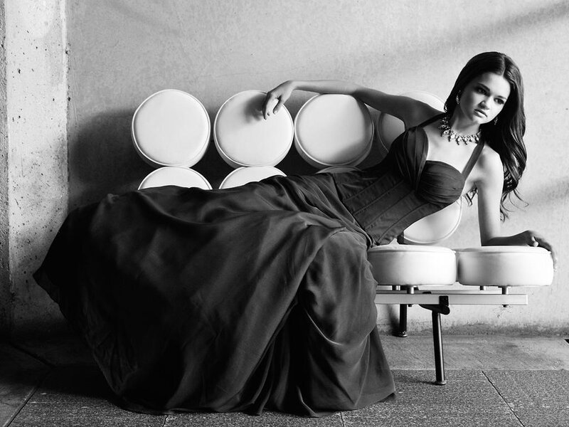 Woman in Long Dress — Black, Dramatic, Photograph, Bench