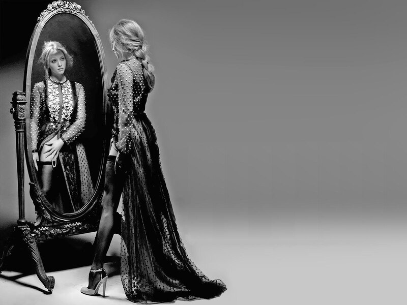 Woman in Long Dress — Black, Dramatic, Photograph, Mirror, High Heels