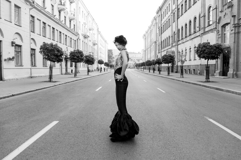 Woman in Long Dress — Black, Dramatic, Photograph, Street