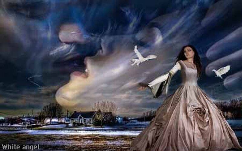 Woman in Long Dress — Blue, Dramatic, Night, Digital Art, Birds