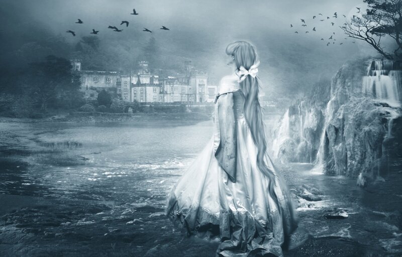 Woman in Long Dress — Blue, Dramatic, Night, Digital Art, Castle