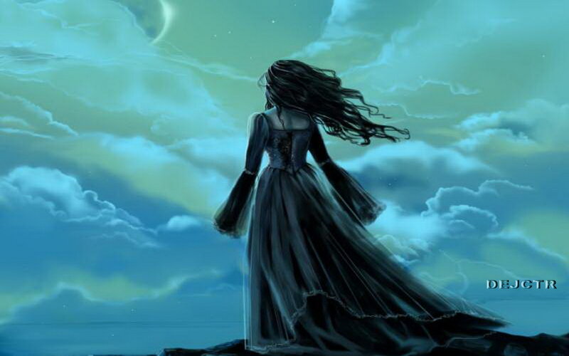 Woman in Long Dress — Blue, Dramatic, Night, Digital Art, Clouds, Moon
