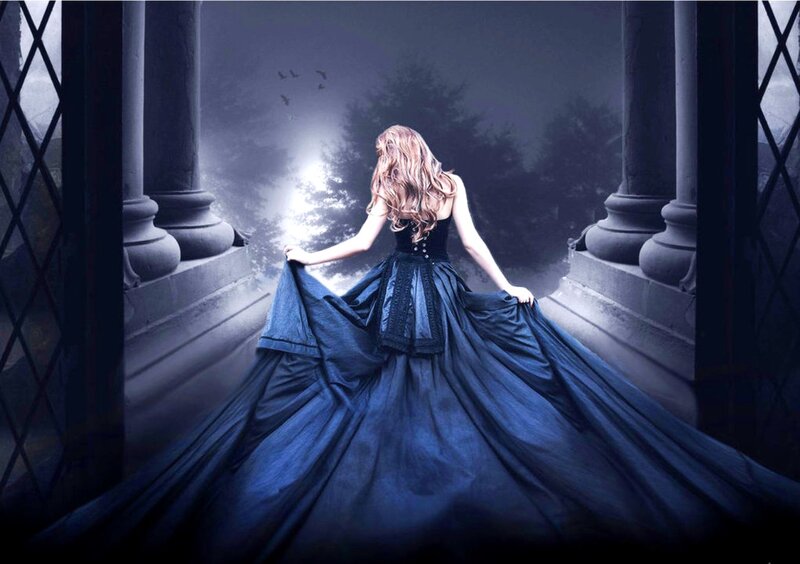Woman in Long Dress — Blue, Dramatic, Night, Digital Art, Columns