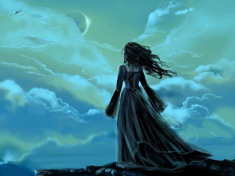 Woman in Long Dress — Blue, Dramatic, Night, Digital Art, Moon