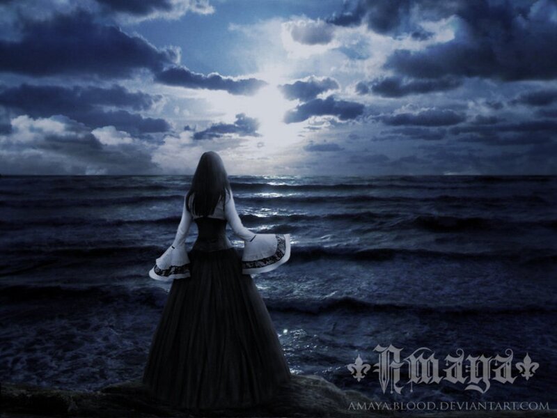 Woman in Long Dress — Blue, Dramatic, Night, Digital Art, Ocean, Clouds