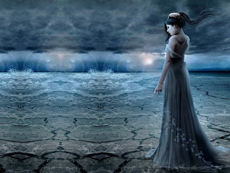 Woman in Long Dress — Blue, Dramatic, Night, Digital Art, Ocean