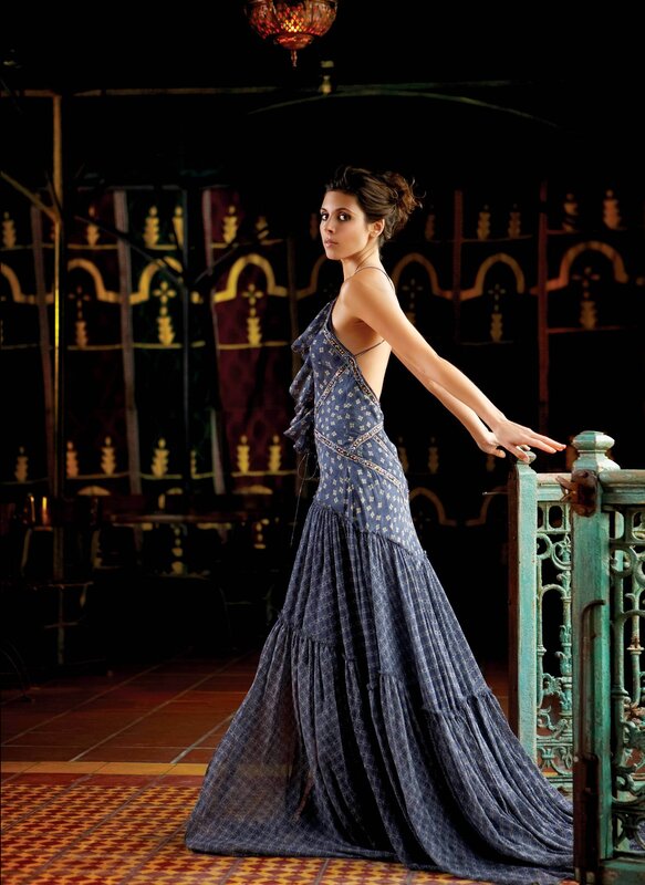 Woman in Long Dress — Blue, Dramatic, Night, Photograph, Railing