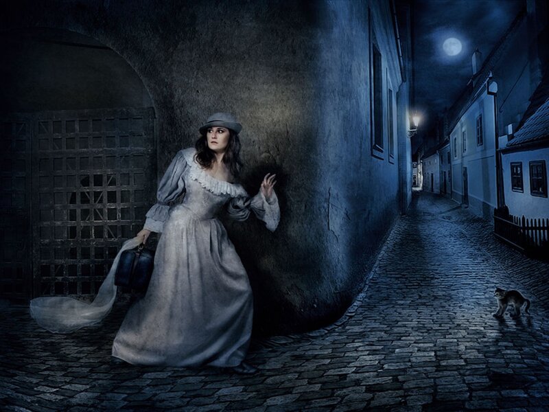 Woman in Long Dress — Blue, Dramatic, Night, Photograph