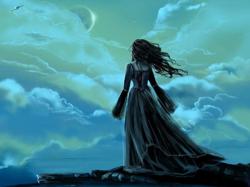 Woman in Long Dress — Blue, Dramatic, Night