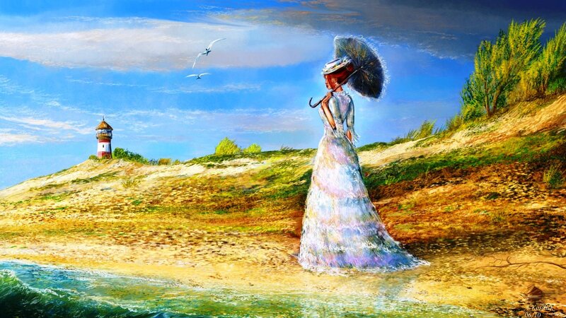 Woman in Long Dress — Blue, Serene, Afternoon