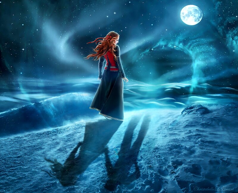 Woman in Long Dress — Blue, Serene, Night, Digital Art