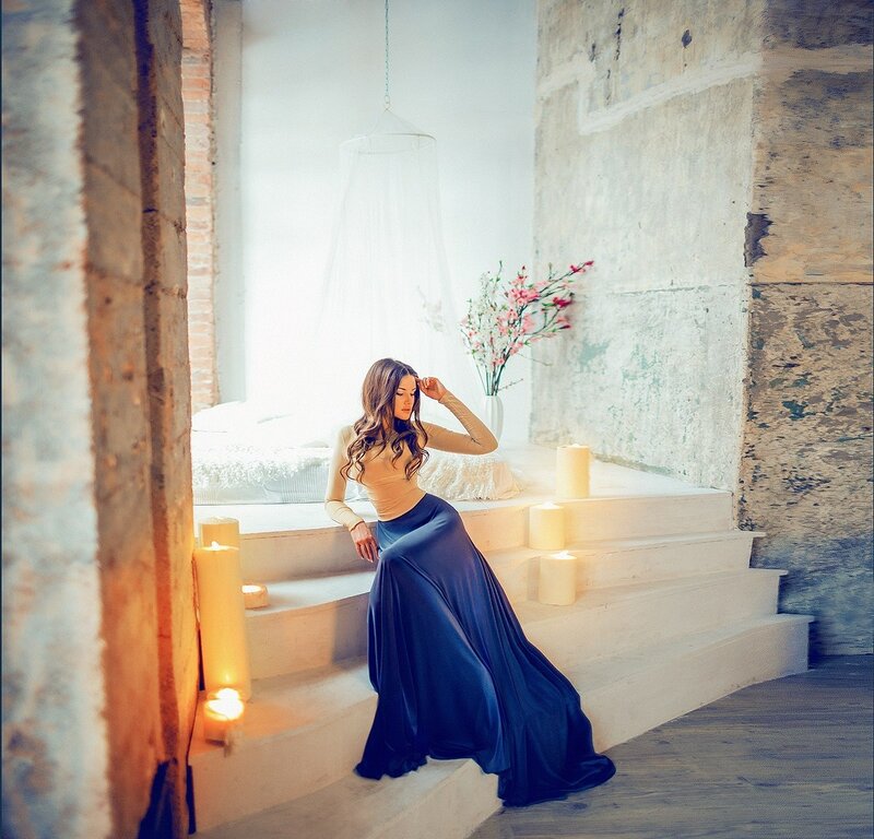 Woman in Long Dress — Blue, Serene, Photograph