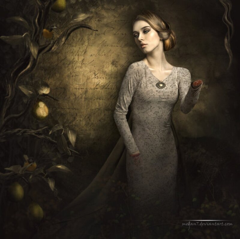 Woman in Long Dress — Brown, Dramatic, Digital Art, Tree