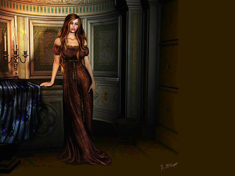 Woman in Long Dress — Brown, Dramatic, Night, Digital Art, Candlestick