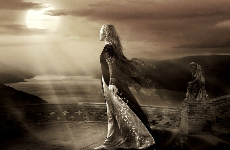 Woman in Long Dress — Brown, Dramatic, Night, Digital Art, Statue, Moon