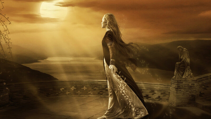 Woman in Long Dress — Brown, Dramatic, Night, Digital Art, Statue