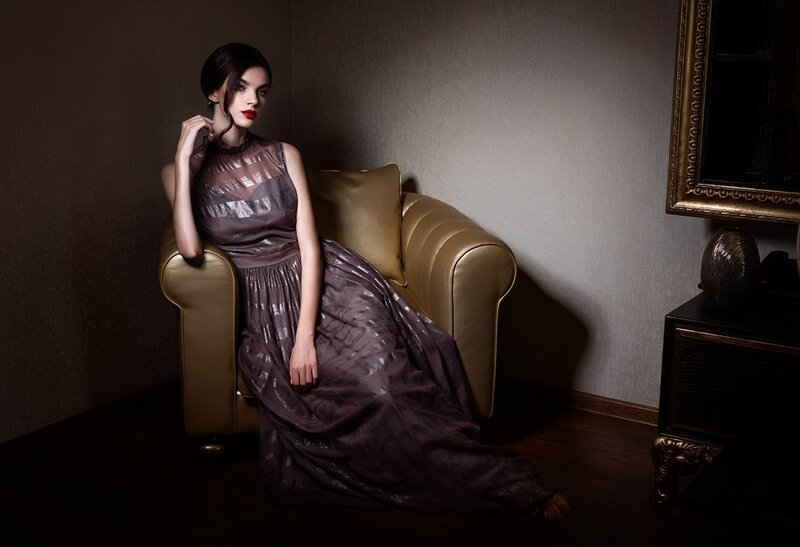 Woman in Long Dress — Brown, Dramatic, Night, Photograph