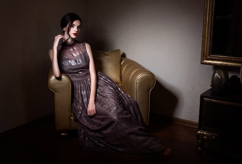 Woman in Long Dress — Brown, Dramatic, Photograph, Armchair