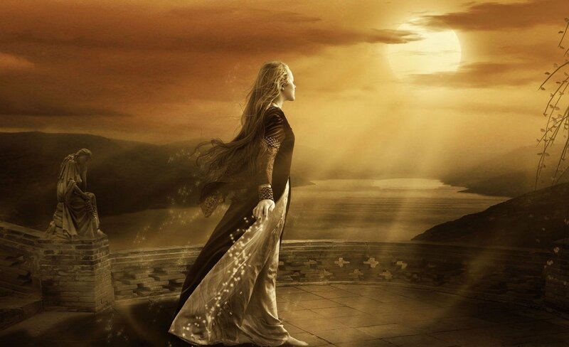 Woman in Long Dress — Brown, Dramatic, Sunset, Digital Art, Statue, River