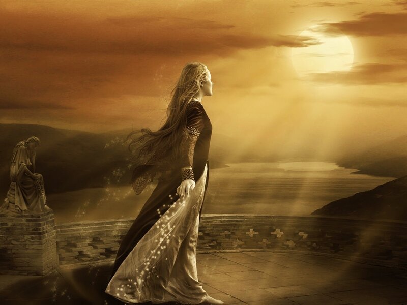 Woman in Long Dress — Brown, Dramatic, Sunset, Digital Art, Statue