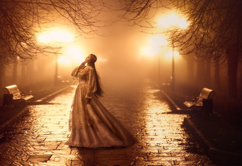 Woman in Long Dress — Gold, Dramatic, Night