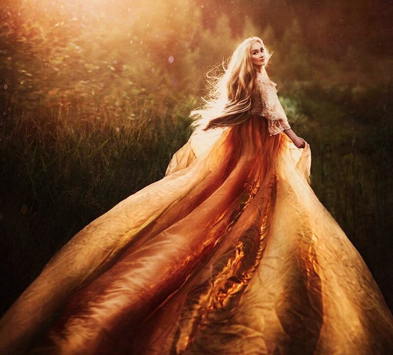 Woman in Long Dress — Gold, Dramatic, Sunset