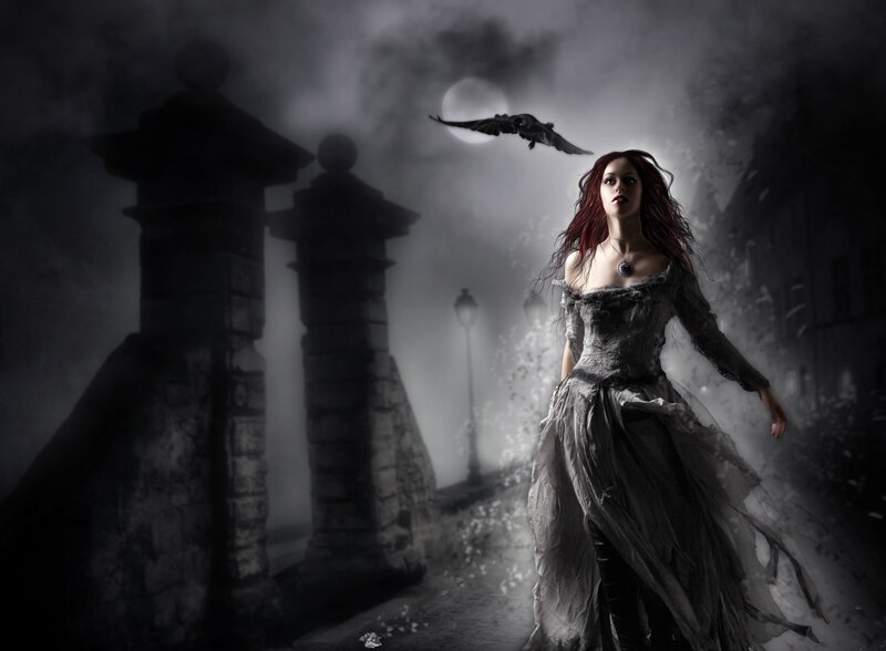Woman in Long Dress — Gray, Dramatic, Night, Digital Art, Crow