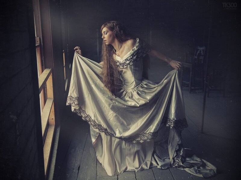 Woman in Long Dress — Gray, Dramatic, Night, Photograph